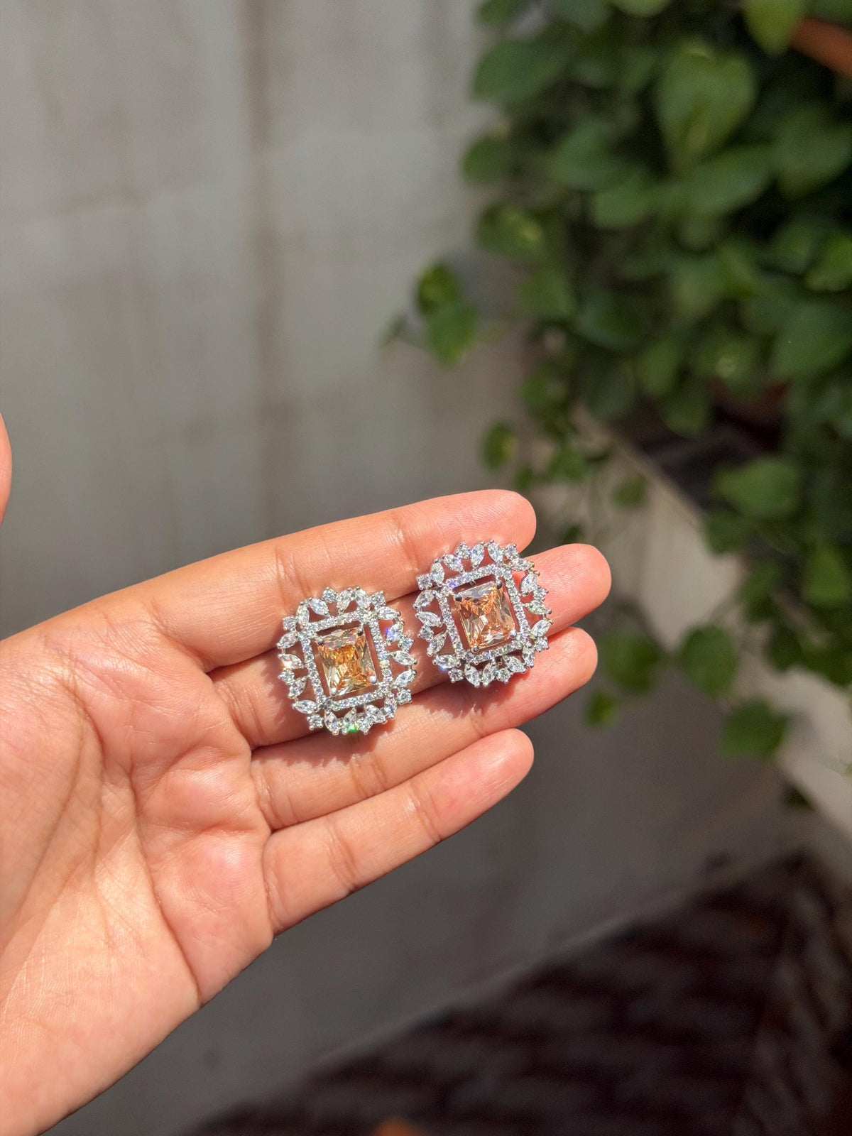 Champagne Diamond Earrings Large Statement Studs CZ Moissanite Champagne Stone Jewelry Cubic Zirconia Gift