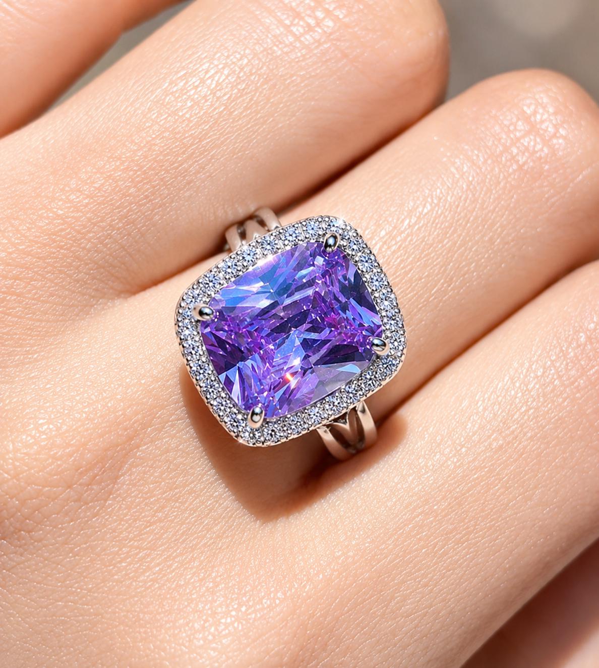 Purple Sapphire Ring Large Statement Moissanite Diamond Leavender Purple Stone Jewelry Huge Engagement Rings
