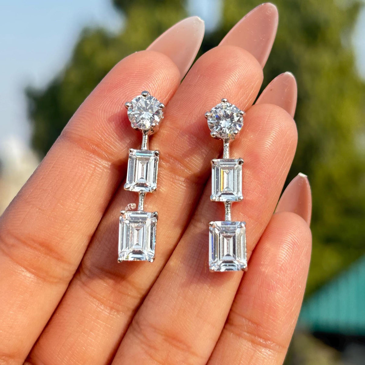 Moissanite Diamond Earrings Small Dangle Emerald Cut Minimalist CZ Cubic Zirconia Bride Wedding Gift