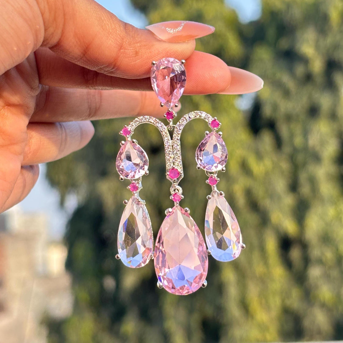 Pink Chandelier Earrings Moissanite Statement Teardrop Shape Pink Sapphire Large Dangle CZ Wedding Jewelry