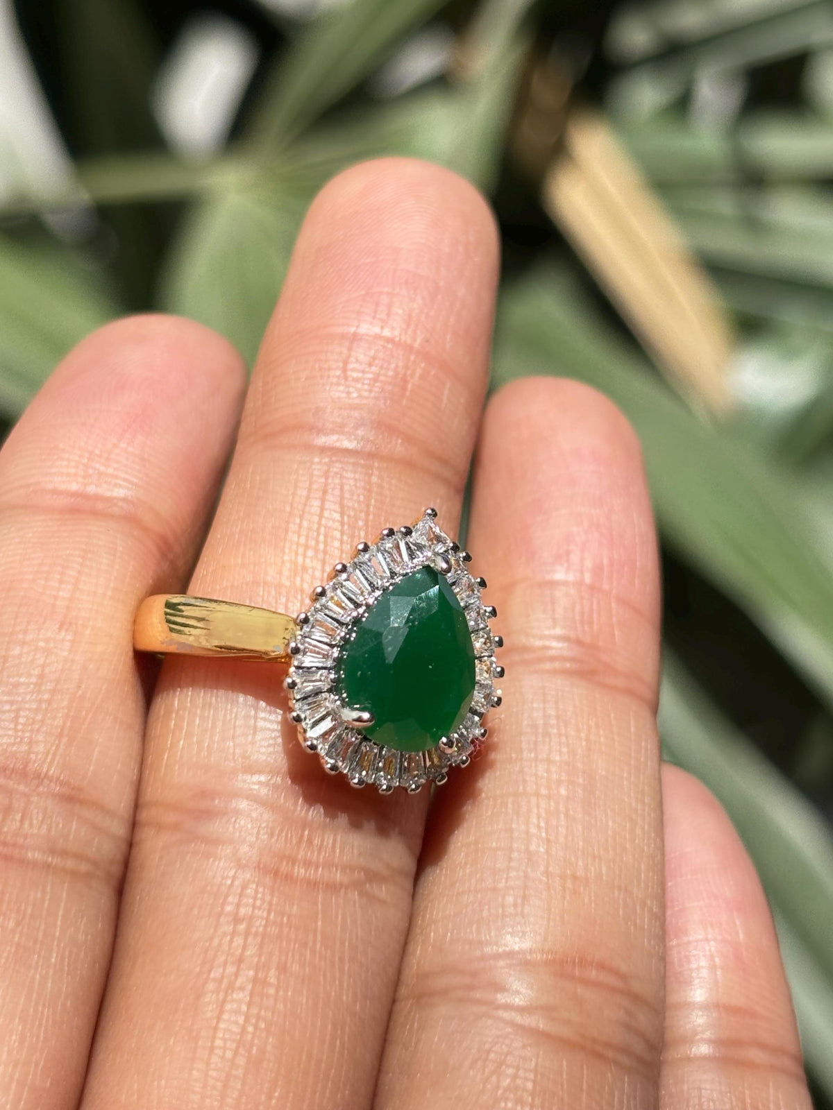 Emerald Diamond Ring Pearl Shape Stone Statement Moissanite Engagement Green Gold Plated Jewelry Gift
