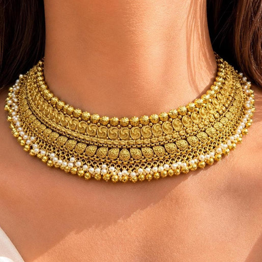 Antique Golden Indian Necklace Gold Plated Pearl Choker South Indian Bridal Jewelry Temple Set