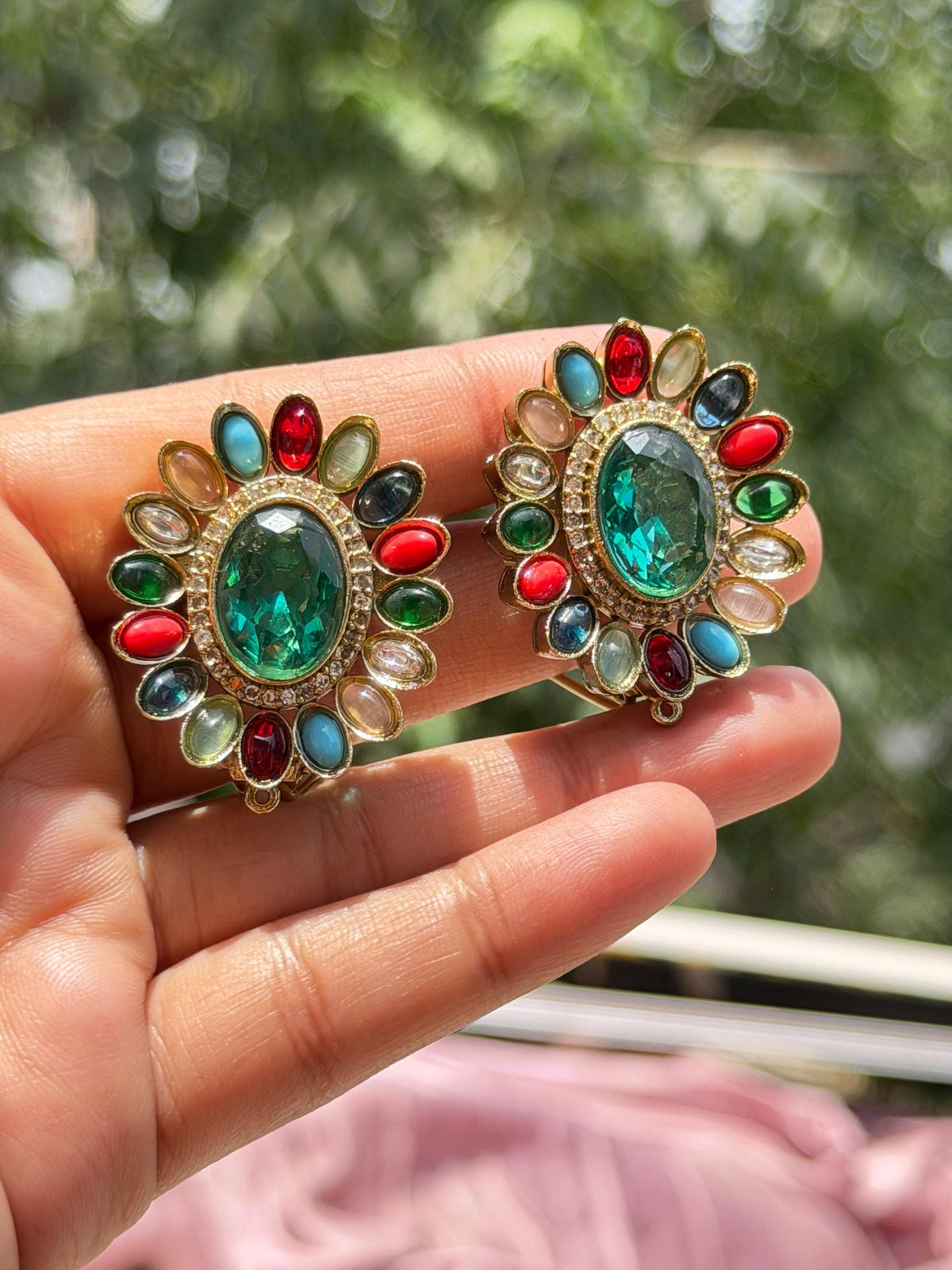 Large Studs Multicolor Earrings Statement Teal Sapphire Moissanite Mix Stone Oval Shape Designer Jewelry