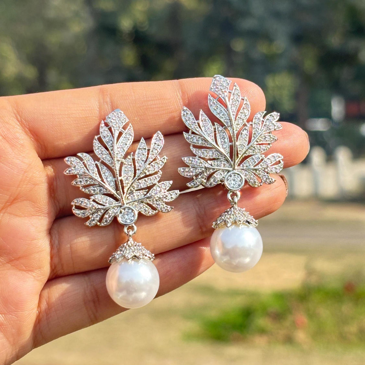 Large Diamond And Pearl Earrings Leaf Shape Statement Chandelier Pearl Drop CZ Moissanite Jewelry