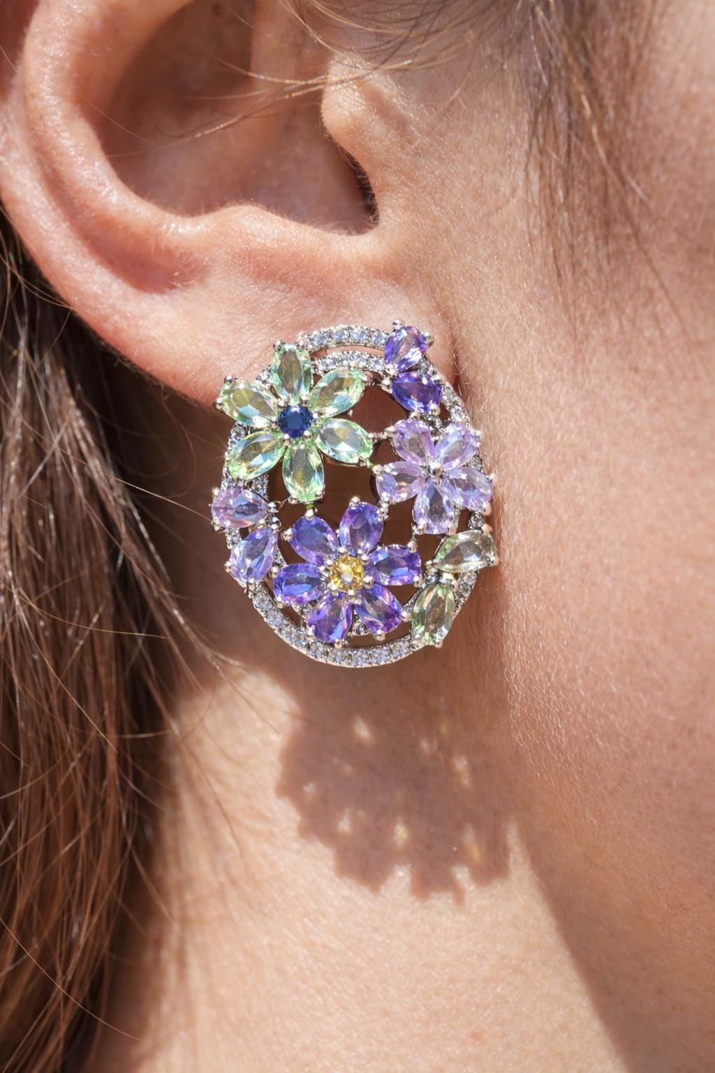 Large Purple Diamond Earrings Green Statement Studs Big Multicolor Mix Stone Lavender Stone Jewelry