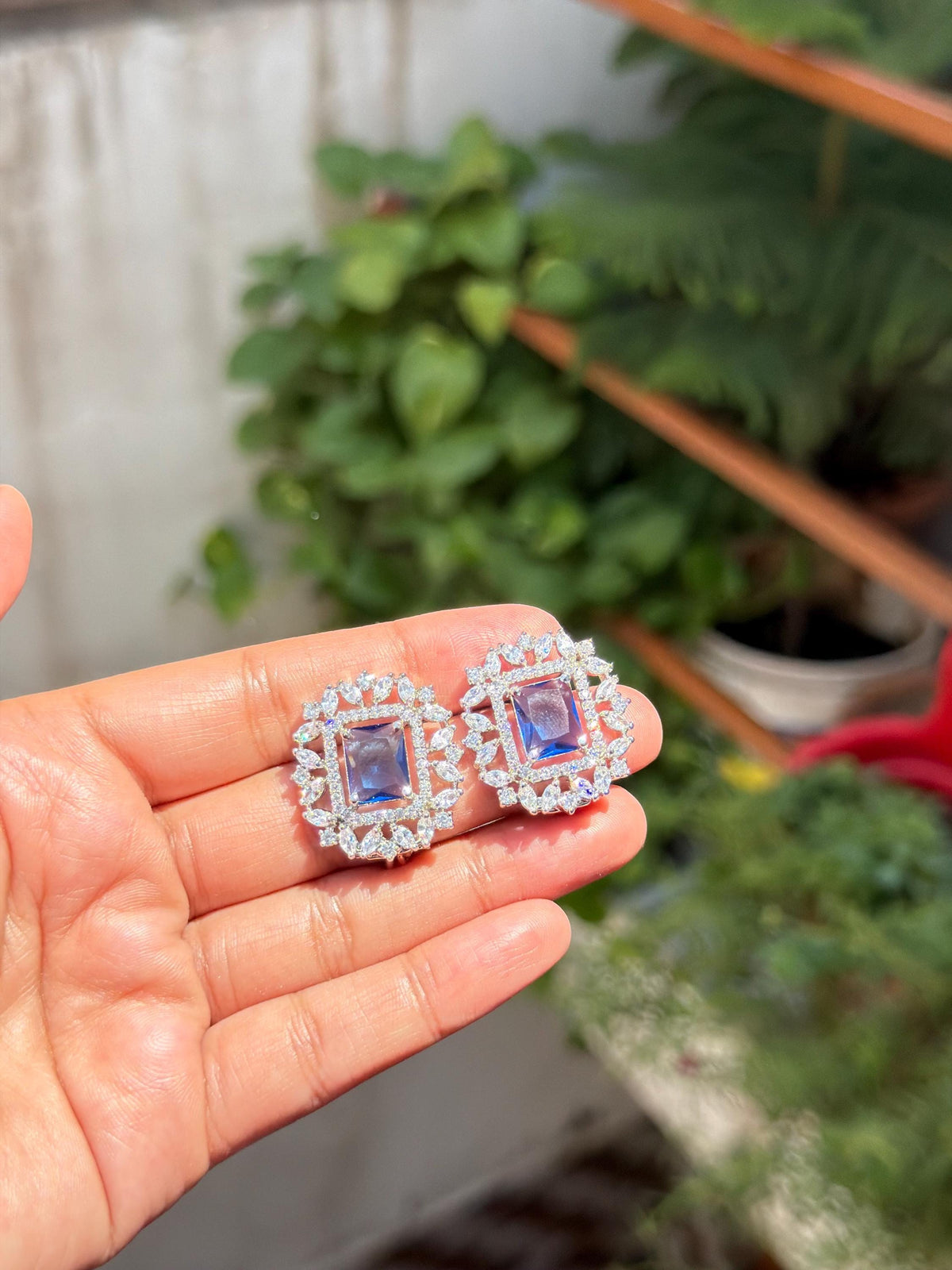 Sapphire Diamond Earrings Large Statement Studs Blue Stone CZ Cubic Zirconia Cocktail Jewelry Gift