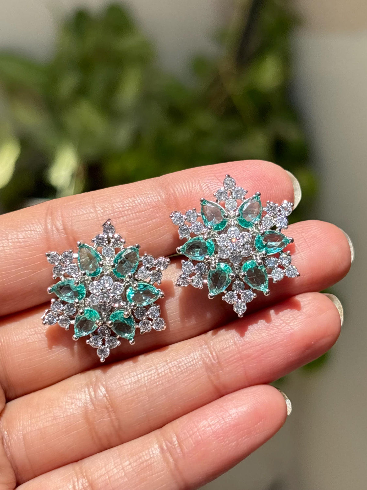 Mint Diamond Earrings Statement Studs Large Flower Shape Light Mint Sapphire Green Moissanite Jewelry