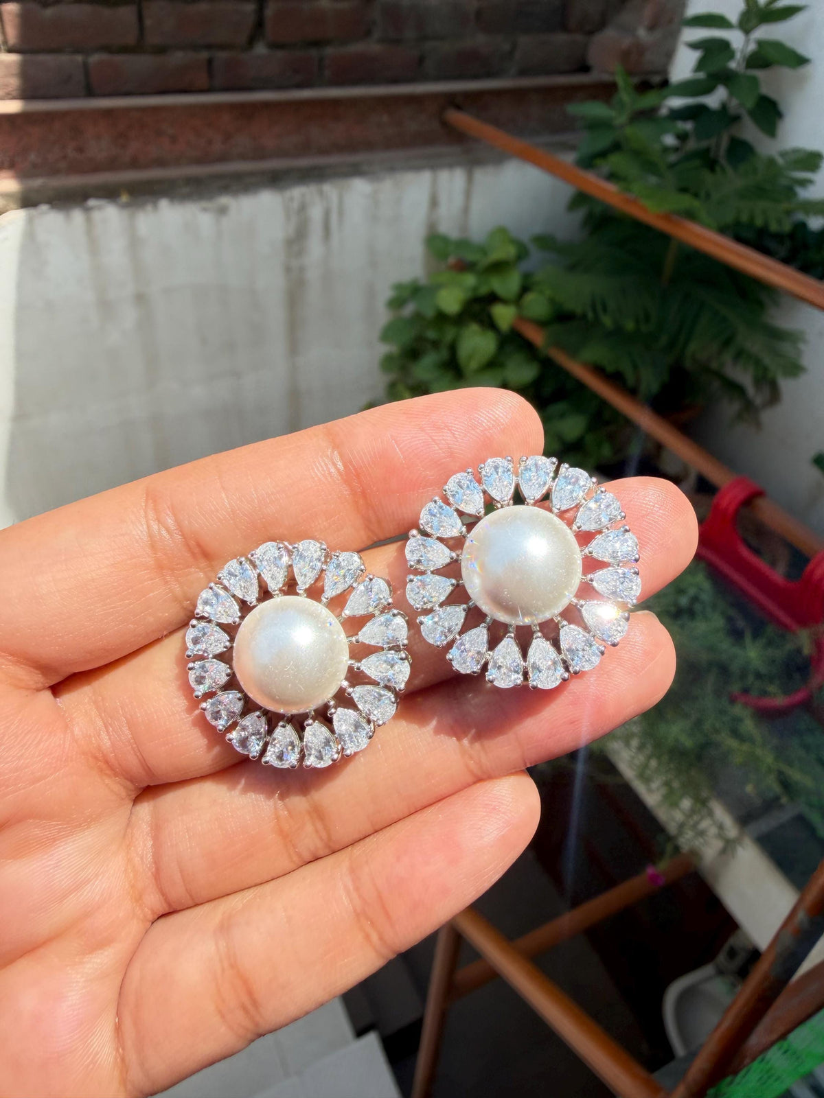 Large Pearl Earrings Cubic Zirconia CZ Moissanite Statement Studs Big Huge Everyday Style Wedding
