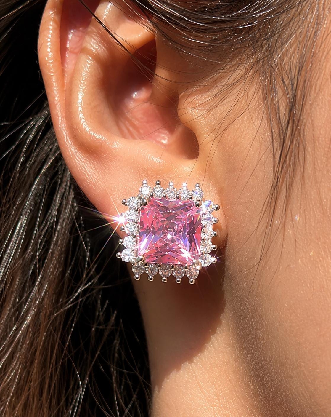 Pink Diamond Earrings Statement Small Studs Cubic Zirconia Moissanite CZ Pink Stone Jewelry Everyday