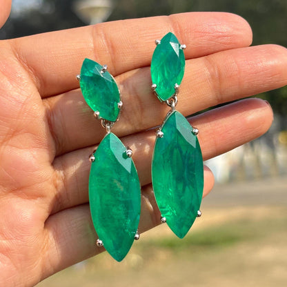 Large Emerald Doublet Earrings Long Dangle Statement Green Paraiba Tourmaline Stone Teardrop Cocktail Jewelry