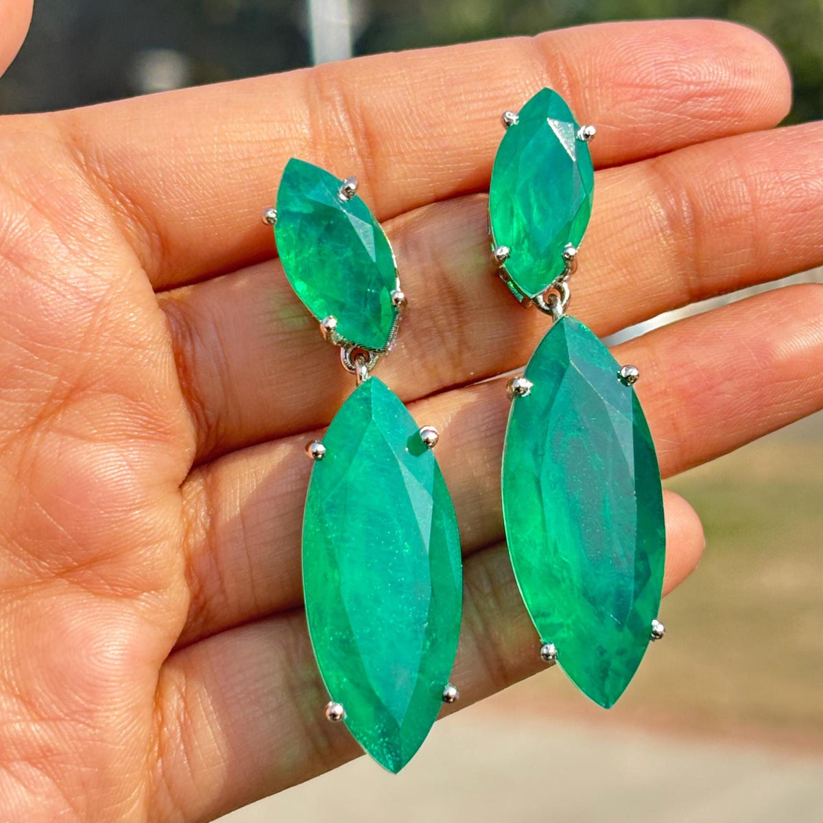 Large Emerald Doublet Earrings Long Dangle Statement Green Paraiba Tourmaline Stone Teardrop Cocktail Jewelry