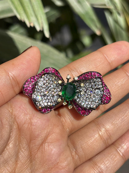 Large Ruby Brooch Statement Moissanite Diamond Pink Sapphire Emerald Green Stone Jewelry Groom Wedding
