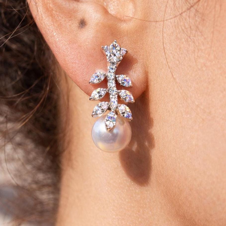 Pearl Drop Earrings Small Minimalist Moissanite Diamond CZ Fresh Pearls Everyday Jewelry Gift Her