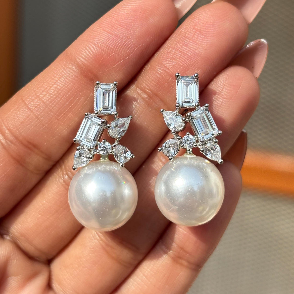 Moissanite Diamond Earrings Pearl Drop Statement Bride Wedding Cubic Zirconia Dangle Big Pearl Jewelry