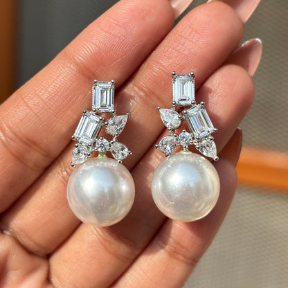 Moissanite Diamond Earrings Pearl Drop Statement Bride Wedding Cubic Zirconia Dangle Big Pearl Jewelry