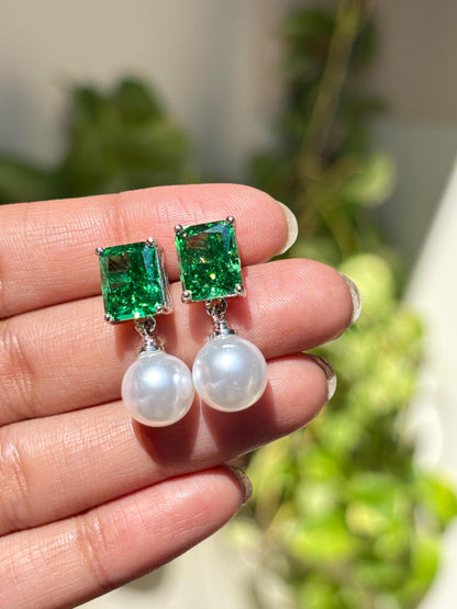 Vivid Green Diamond Earrings Statement Pearl Drop CZ Moissanite Light Green Stone Jewelry Wedding
