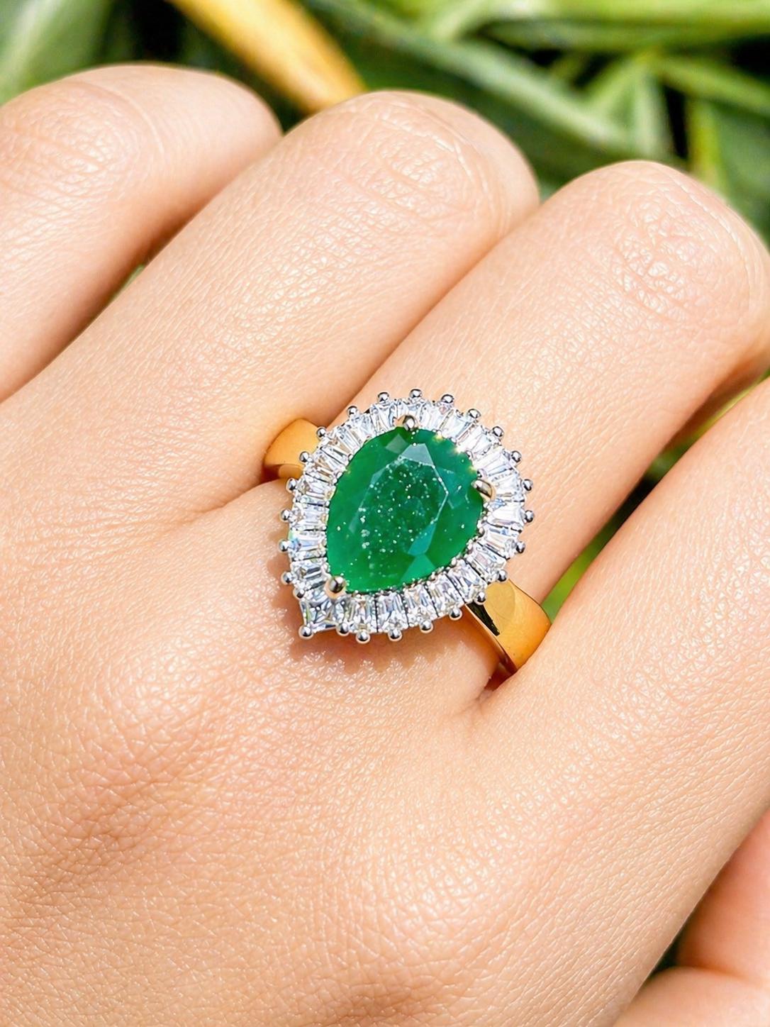 Emerald Diamond Ring Pearl Shape Stone Statement Moissanite Engagement Green Gold Plated Jewelry Gift