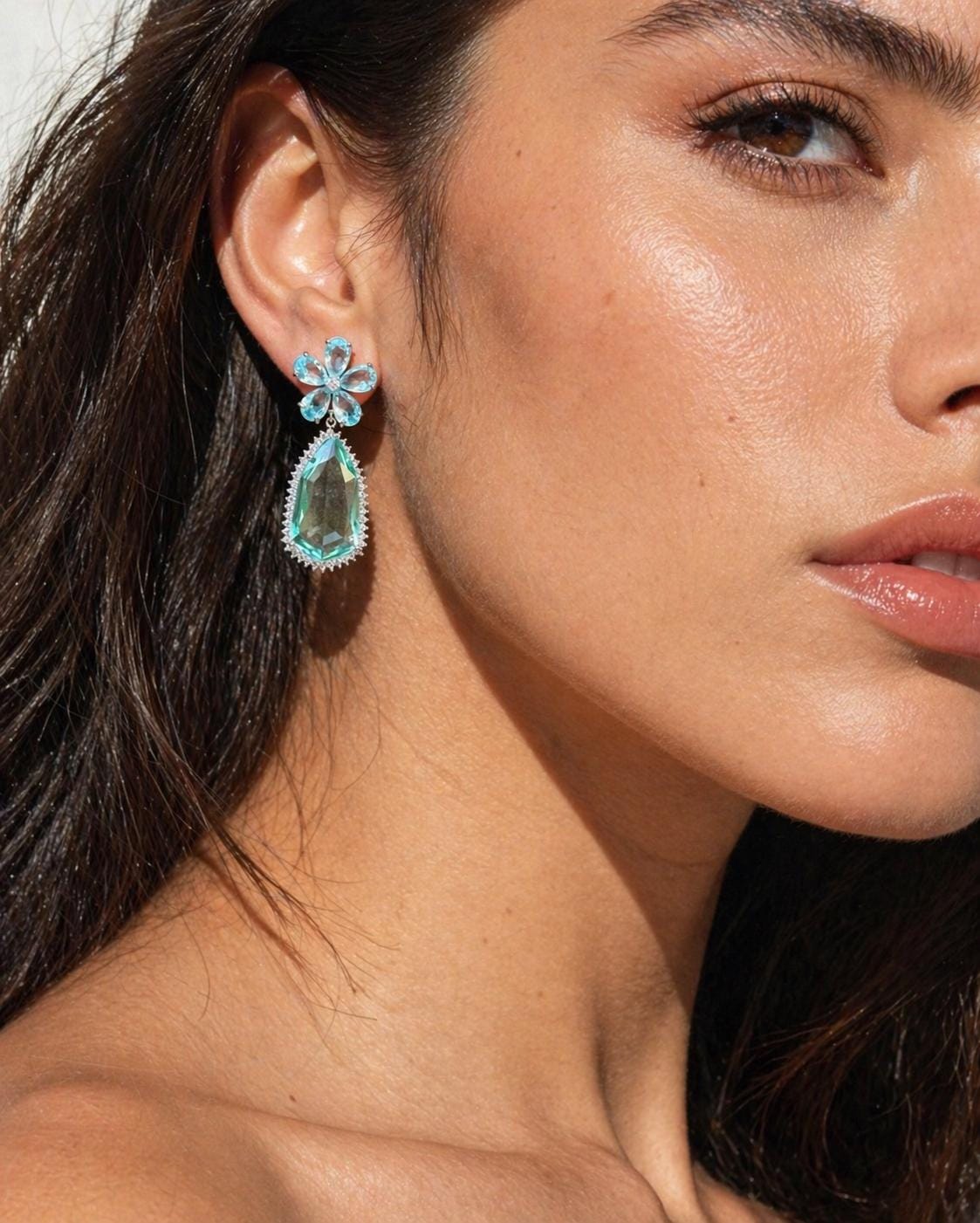 Aquamarine Diamond Earrings Statement Large Flower Shape Long Teal Sapphire Aqua Blue Designer Jewelry