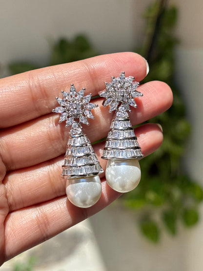Moissanite Diamond Pearl Drop Earrings Statement Dangle Pearl Cubic Zirconia CZ Bride Wedding Jewelry