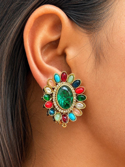 Large Studs Multicolor Earrings Statement Teal Sapphire Moissanite Mix Stone Oval Shape Designer Jewelry