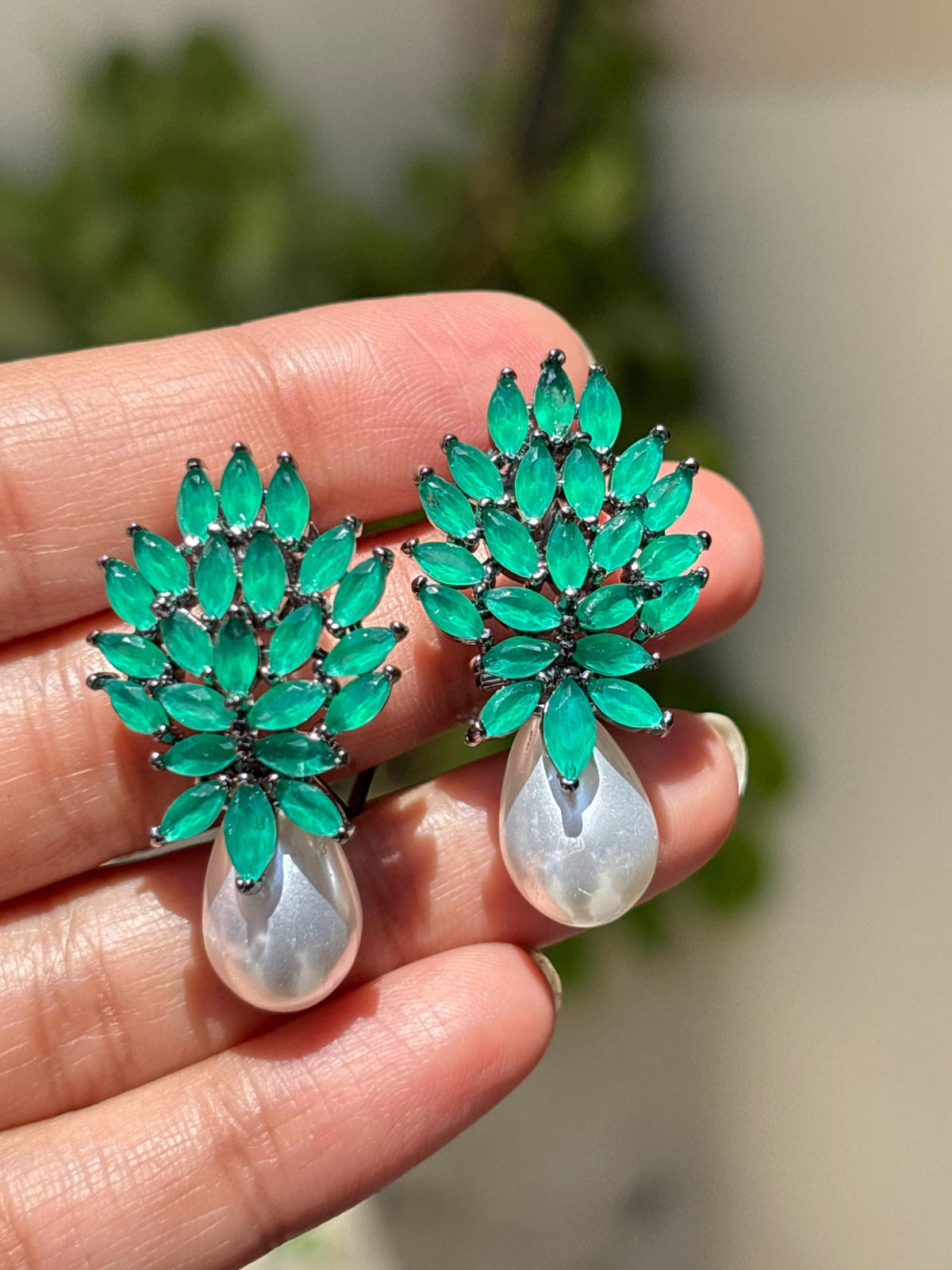 Emerald Diamond Earrings Pearl Drop Statement Green Stone Jewelry Cubic Zirconia Bride Wedding Gift
