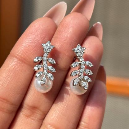 Pearl Drop Earrings Small Minimalist Moissanite Diamond CZ Fresh Pearls Everyday Jewelry Gift Her
