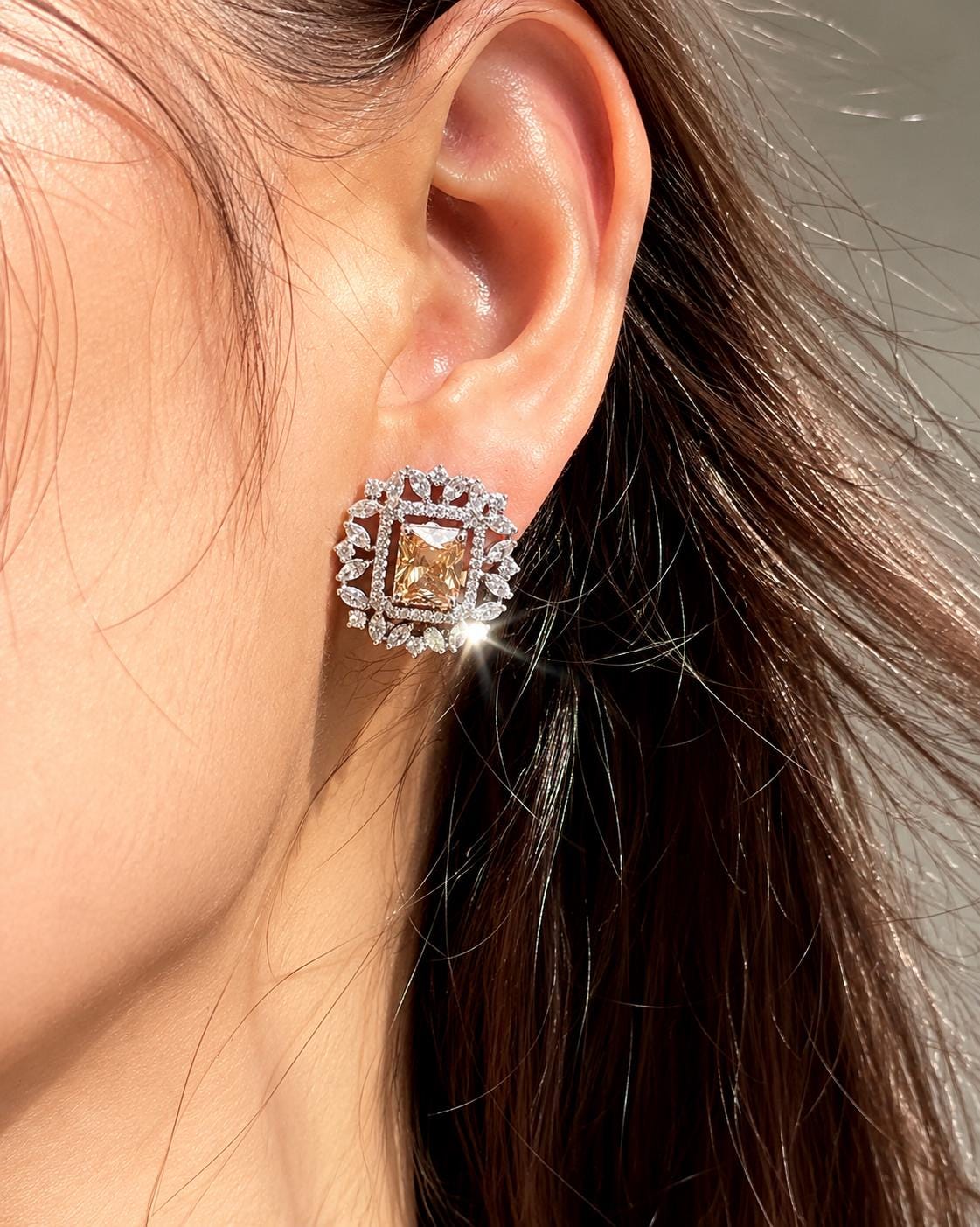 Champagne Diamond Earrings Large Statement Studs CZ Moissanite Champagne Stone Jewelry Cubic Zirconia Gift
