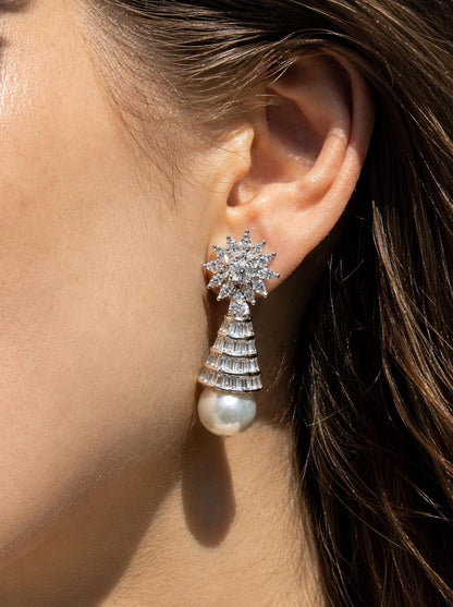 Moissanite Diamond Pearl Drop Earrings Statement Dangle Pearl Cubic Zirconia CZ Bride Wedding Jewelry