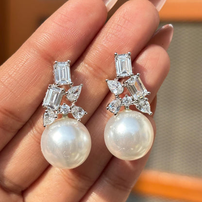 Moissanite Diamond Earrings Pearl Drop Statement Bride Wedding Cubic Zirconia Dangle Big Pearl Jewelry