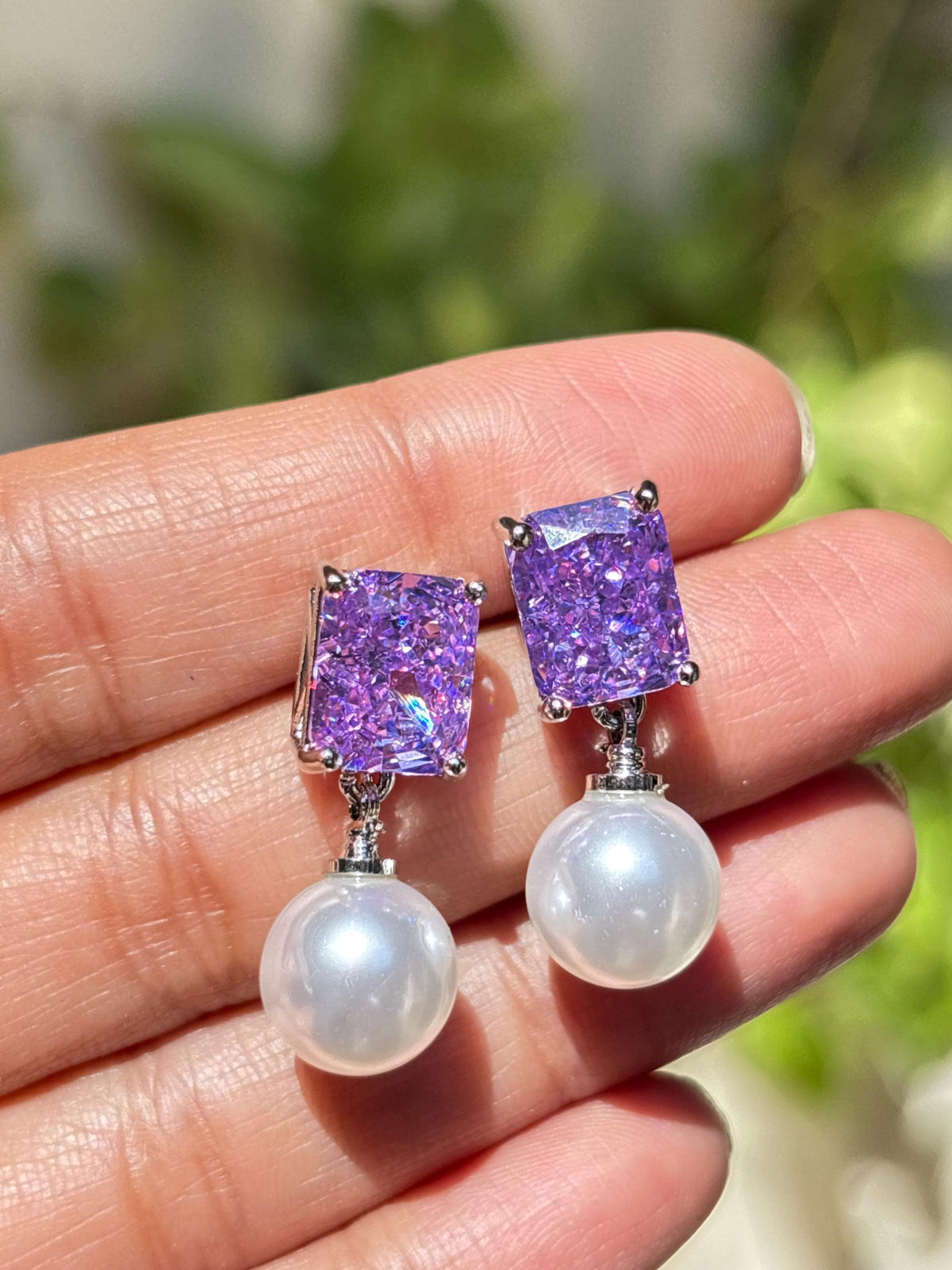 Purple Diamond Earrings Pearl Drop Statement Lavender Purple Sapphire Stone Jewelry Moissanite Designer Gift