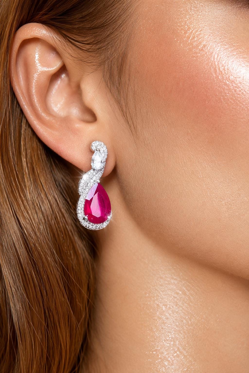 Ruby Diamond Earrings Moissanite Statement CZ Pink Sapphire Cubic Zirconia Dangle Deop Wedding Jewelry
