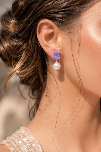 Purple Diamond Earrings Pearl Drop Statement Lavender Purple Sapphire Stone Jewelry Moissanite Designer Gift