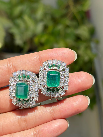 Large Emerald Doublet Earrings Statement Studs Moissanite Diamond Green Paraiba Tourmaline Cubic Zirconia Jewelry