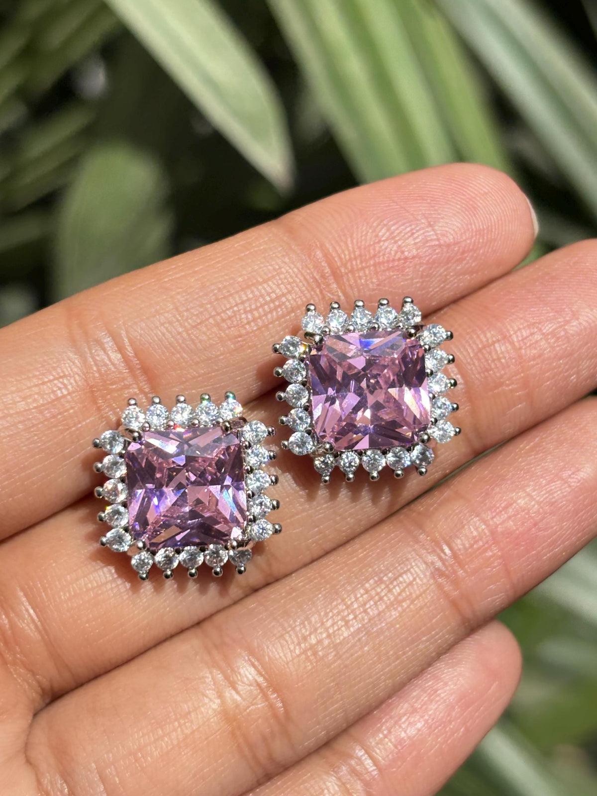 Pink Diamond Earrings Statement Small Studs Cubic Zirconia Moissanite CZ Pink Stone Jewelry Everyday