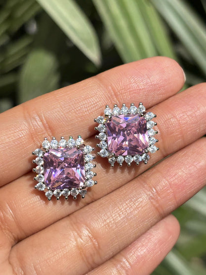 Pink Diamond Earrings Statement Small Studs Cubic Zirconia Moissanite CZ Pink Stone Jewelry Everyday