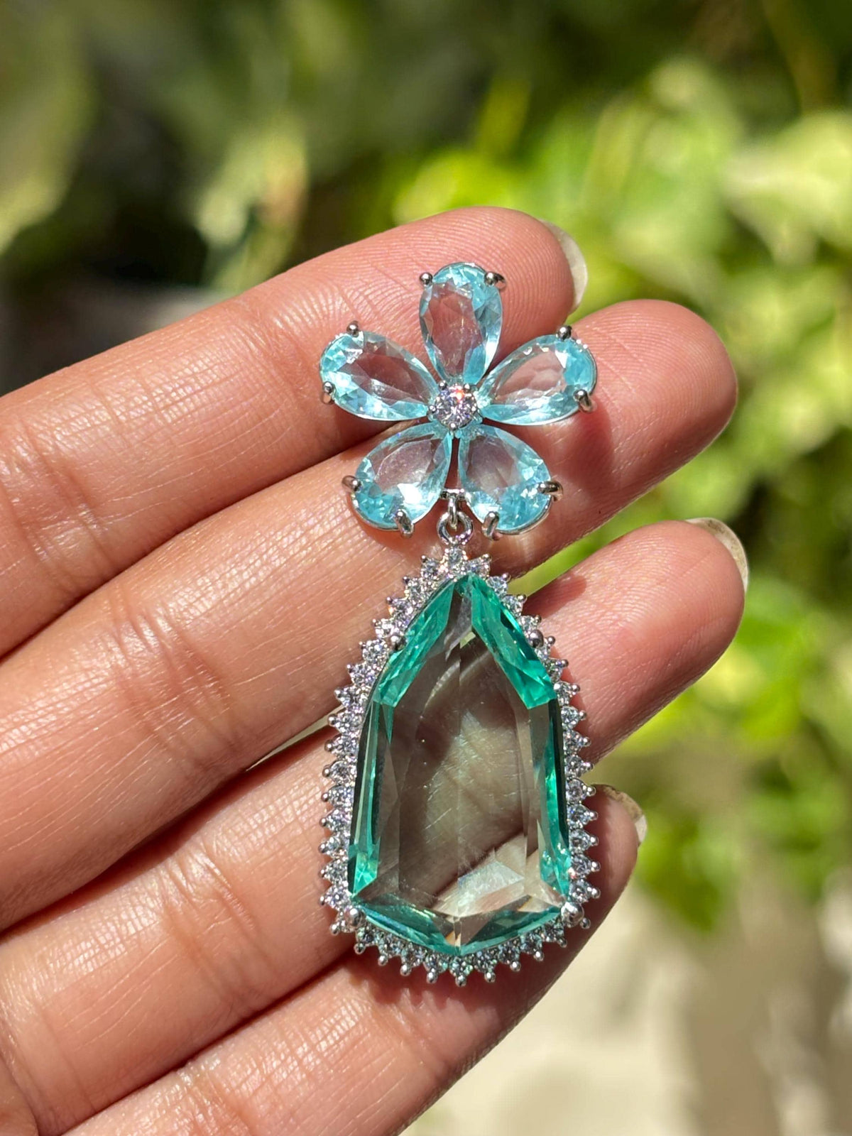 Aquamarine Diamond Earrings Statement Large Flower Shape Long Teal Sapphire Aqua Blue Designer Jewelry