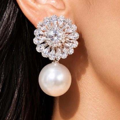 Moissanite Diamond Earrings Pearl Drop Statement Dangle Bride Wedding Cubic Zirconia CZ Wedding Jewelry