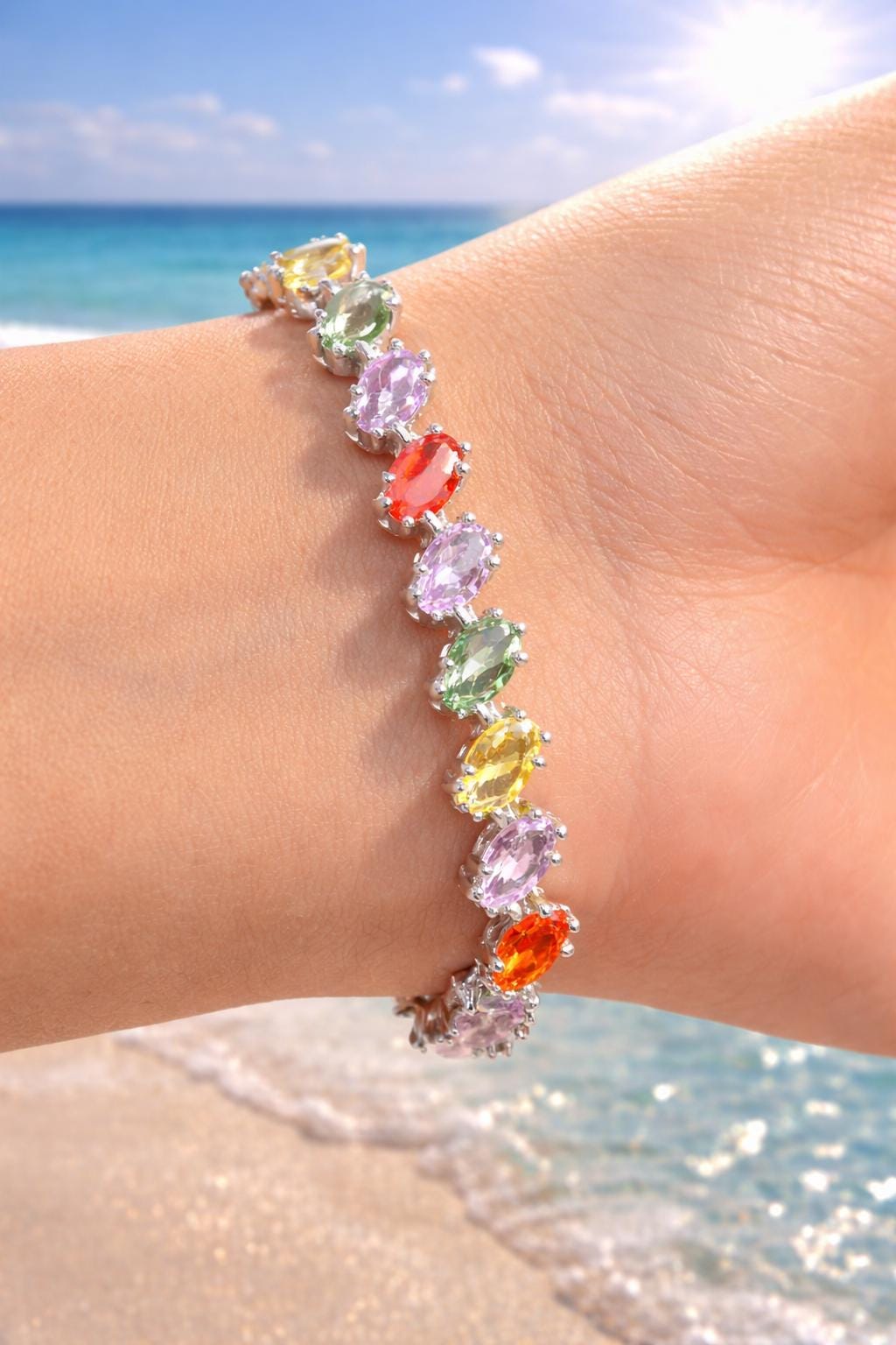 Multicolor Bracelet Tennis Statement Moissanite Diamond Cubic Zirconia Colorful Mix Stone Jewelry Anniversary Gift