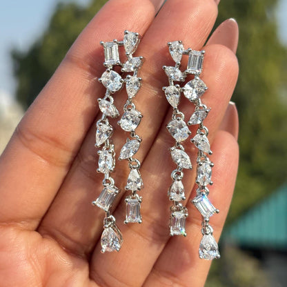 Moissanite Diamond Chandelier Earrings Long Multi Shape CZ Waterfall Dangle Statement Wedding Bridal Jewelry