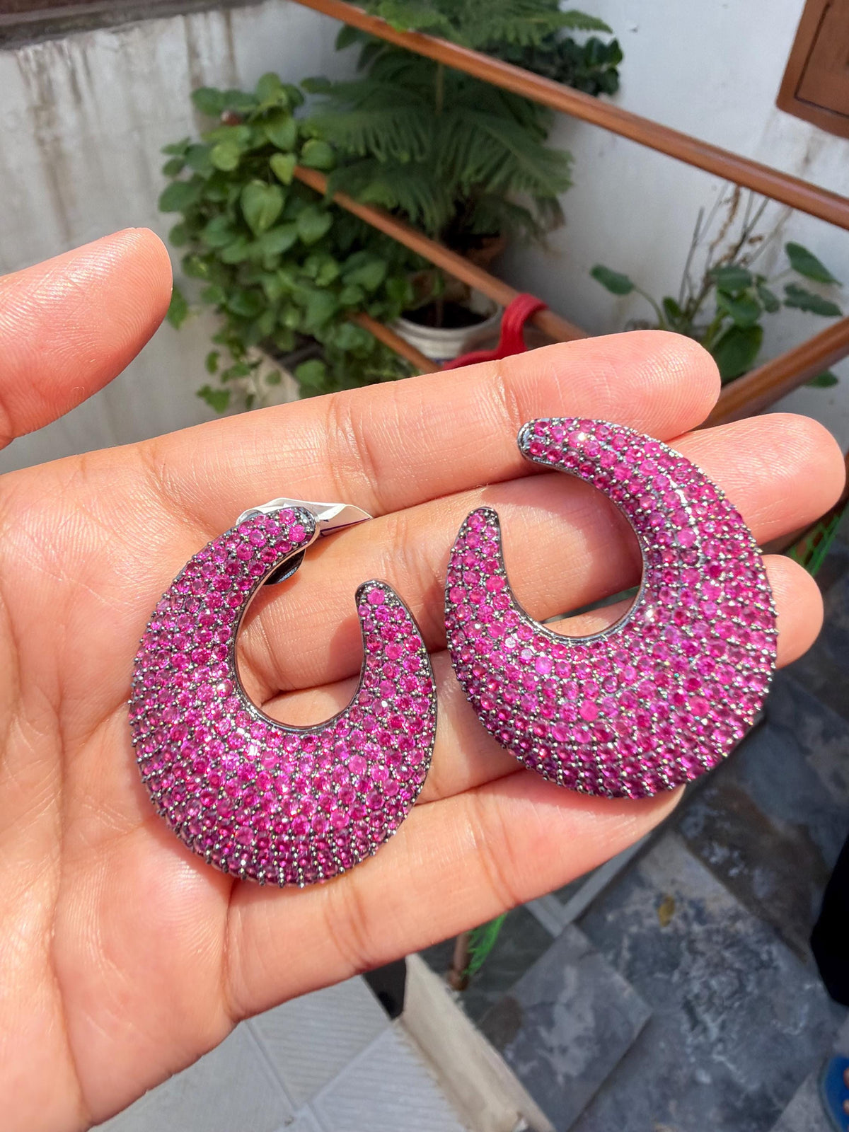 Ruby Diamond Earrings Large Statement Studs Pink Sapphire Pave Setting Designer Bride Wedding Jewelry