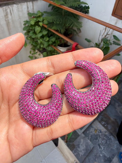 Ruby Diamond Earrings Large Statement Studs Pink Sapphire Pave Setting Designer Bride Wedding Jewelry
