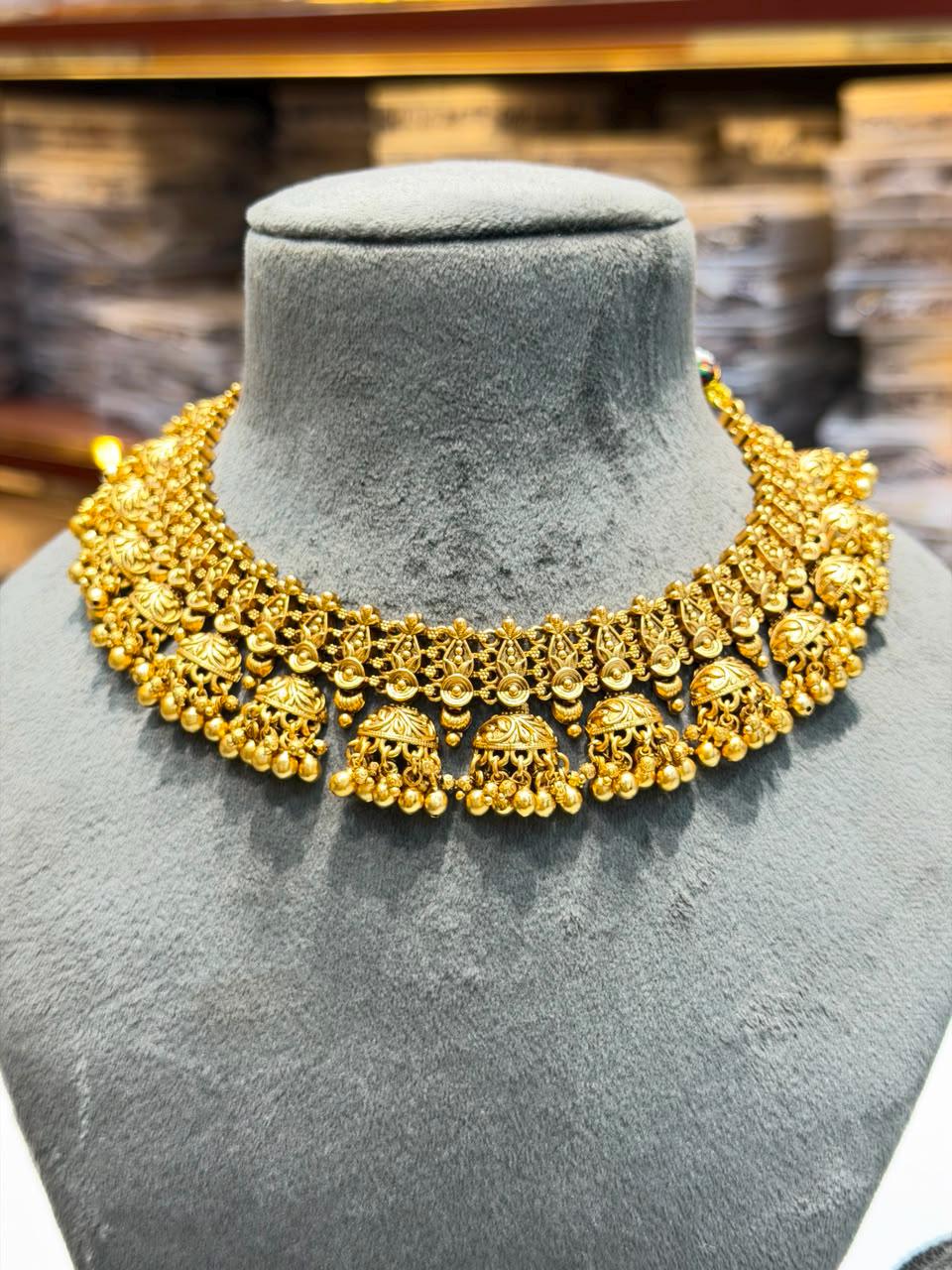 Indian Jewelry Gold Necklace Antique Gold Plated Bridal Choker South India Golden Temple Set