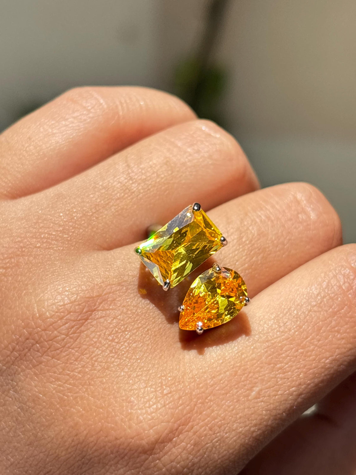 Yellow Diamond Ring Canary Moissanite Large Cocktail Two Stone Statement Jewelry Yellow Sapphire Rings
