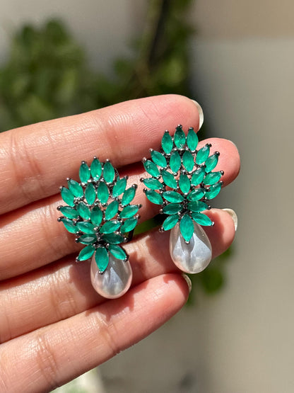 Emerald Diamond Earrings Pearl Drop Statement Green Stone Jewelry Cubic Zirconia Bride Wedding Gift