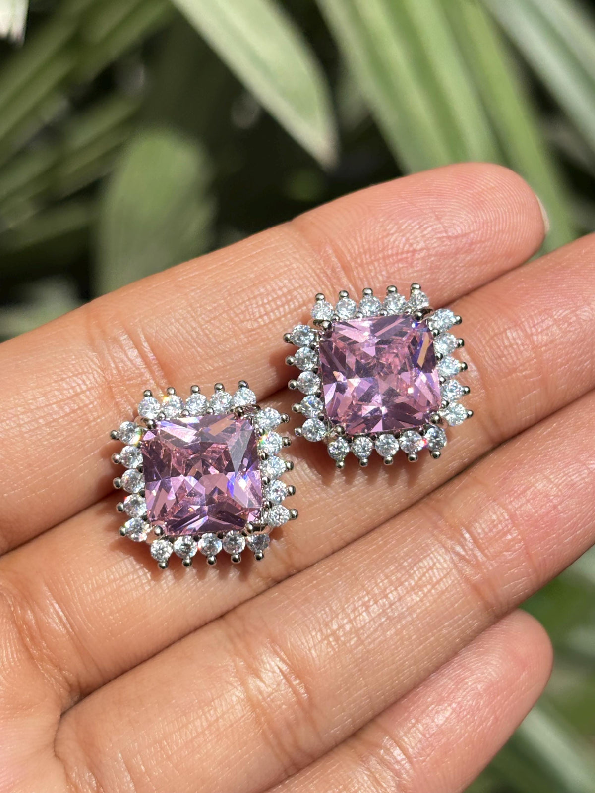 Pink Diamond Earrings Statement Small Studs Cubic Zirconia Moissanite CZ Pink Stone Jewelry Everyday