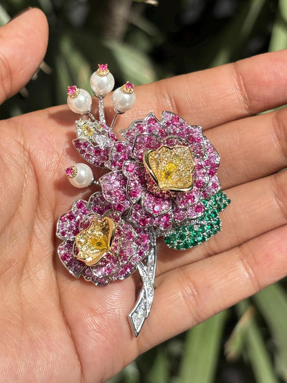 Large Flower Brooch Ruby Statement Pink Sapphire Cubic Zirconia Designer Brooch Moissanite Diamond Jewelry