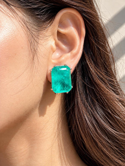 Large Emerald Doublet Earrings Statement Studs Moissanite Diamond Green Paraiba Tourmaline Cubic Zirconia Jewelry