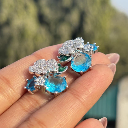 Aquamarine Earrings Small Studs Aqua Blue Stone Jewelry Flower Moissanite Diamond Prom Gift Her