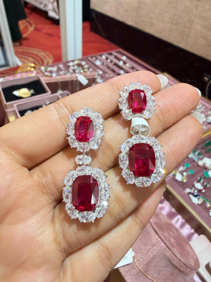 Ruby Diamond Earrings Chandelier Statement CZ Moissanite Red Sapphire Cocktail Party Jewelry Bride Wedding