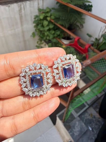 Sapphire Diamond Earrings Large Statement Studs Blue Stone CZ Cubic Zirconia Cocktail Jewelry Gift
